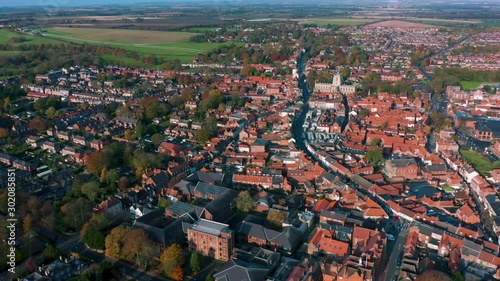 Aerial drone view of Beverley market town in East Yorkshire, North of England during Autumn / Fall, 2019