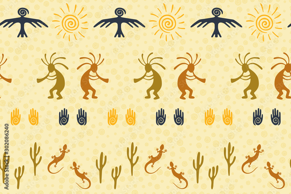 Fototapeta premium Folk, design with lizard, Kokopelli fertility deity, sun, eagle, cacti.