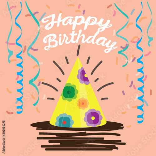 Happy birthday card with a party hat and decoration - Vector illustration