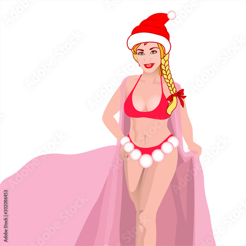 Sexy snow maiden in red swimsuit and pink pareo. Vector illustration. Beautiful girl wearing santa claus clothes on white  background. Merry Christmas.
