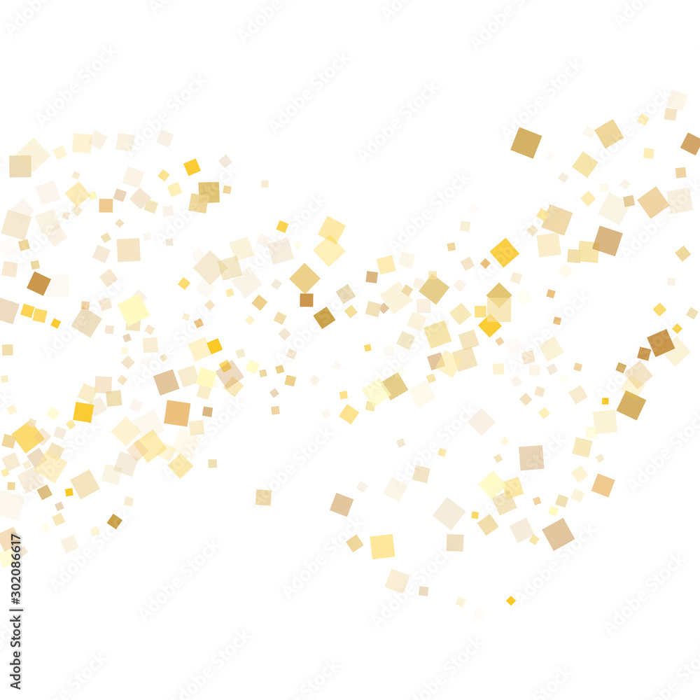 Stylish gold square confetti tinsels falling on white. Glittering Christmas vector sequins background. Gold foil confetti party glitter illustration. Many particles invitation backdrop. Stylish gold square confetti tinsels falling on white. Glittering Christmas vector sequins background. Gold foil confetti party glitter illustration. Many particles invitation backdrop.