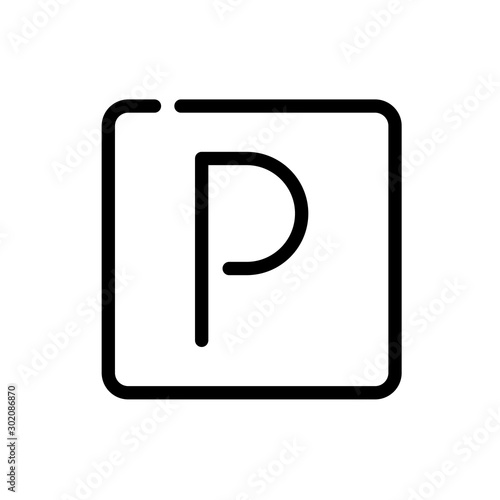 Icono plano lineal letra P en cuadrado en color negro