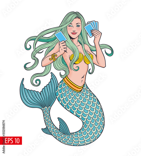 Mermaid holding playing cards, vector illustration.