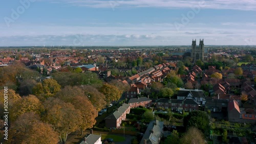 Aerial drone view of Beverley market town in East Yorkshire, North of England during Autumn / Fall, 2019