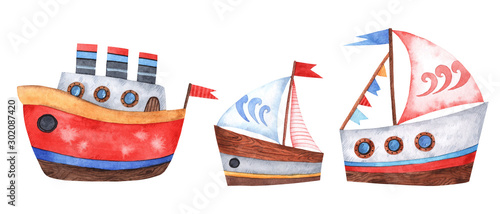 Watercolor ships for design and decoration. Great for cards, posters, coupons, baby items design, decorative paper and any design.
