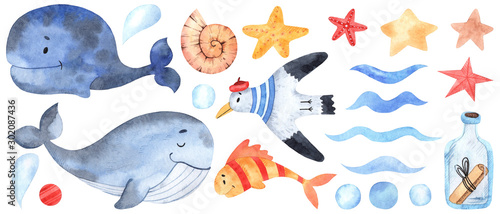 Watercolor marine elements for design and decoration. Great for postcards, posters, coupons, baby items design, decorative paper and any design.