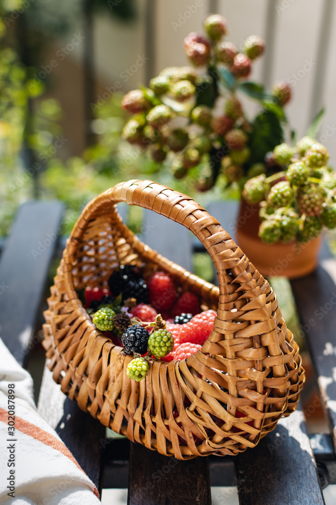 Ripe fresh raspberries and blackberries with straw basket