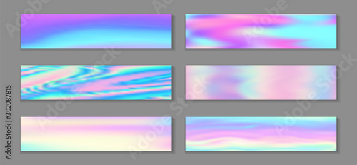 Holographic modern banner horizontal fluid gradient unicorn backgrounds vector set. Beautiful 