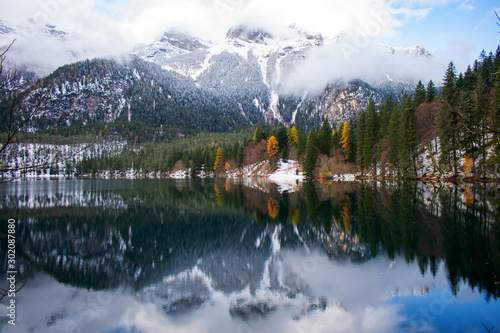 The mirror of Lake Tovel in November, Trentino Italy