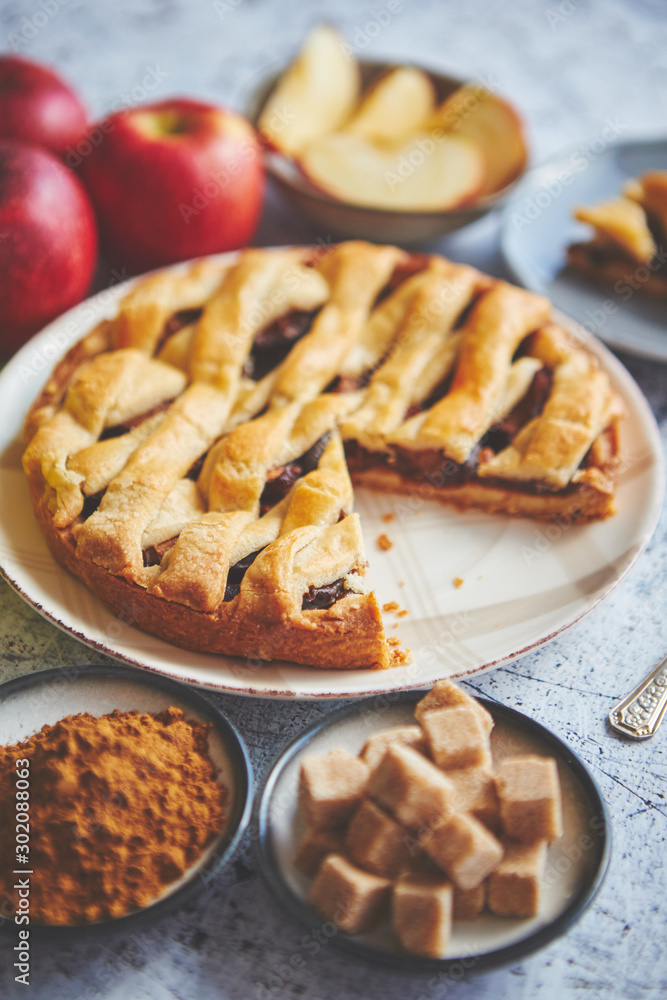 Delicious apple pie cake with a fresh fruits, brown and powder sugar Delicious apple pie cake with a fresh fruits, brown and powder sugar