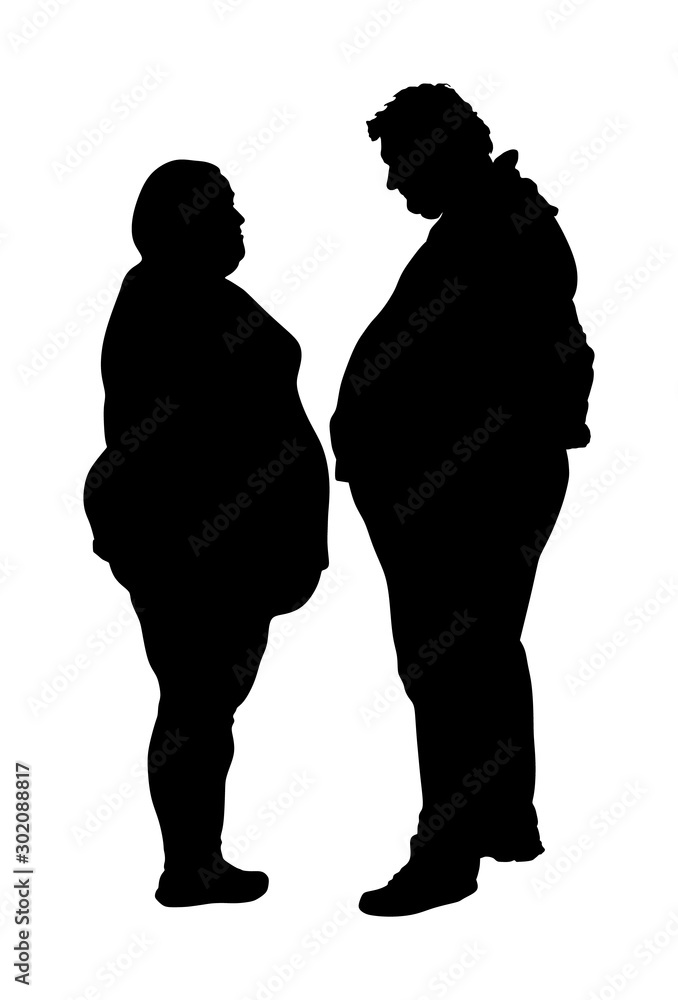 Fat man and woman is worry about health vector silhouette. Overweight person trouble, difficult moving. Big boy think about food calorie. Breathless sweaty need break. Fat couple in love on date. Fat man and woman is worry about health vector silhouette. Overweight person trouble, difficult moving. Big boy think about food calorie. Breathless sweaty need break. Fat couple in love on date.