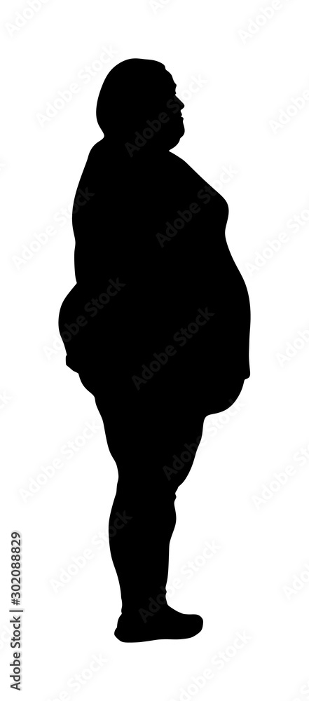 Fat woman is worry about health,  vector silhouette isolated on white background. Overweight person trouble. Big girl think about food calorie. Weight loss trouble. Losing weight health. Big belly.