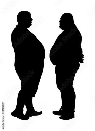 Big belly fat boys talking vector silhouette isolated on white background. Big fat man against  overweight friend. Health care occupation, conversation about loosing weight and successful diet.