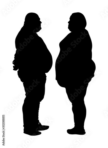 Fat man and woman is worry about health vector silhouette. Overweight person trouble. Big boy think about food calorie. Difficulties in moving. Breathless sweaty need break. Fat couple in love on date