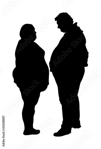Fat man and woman is worry about health vector silhouette. Overweight person trouble, difficult moving. Big boy think about food calorie. Breathless sweaty need break. Fat couple in love on date.