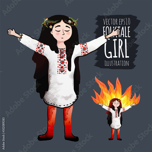 Stylized witch girl practicing fire magic. Vector multicolored illustration on dark background. Original hand-drawn person in vyshyvanka. EPS10