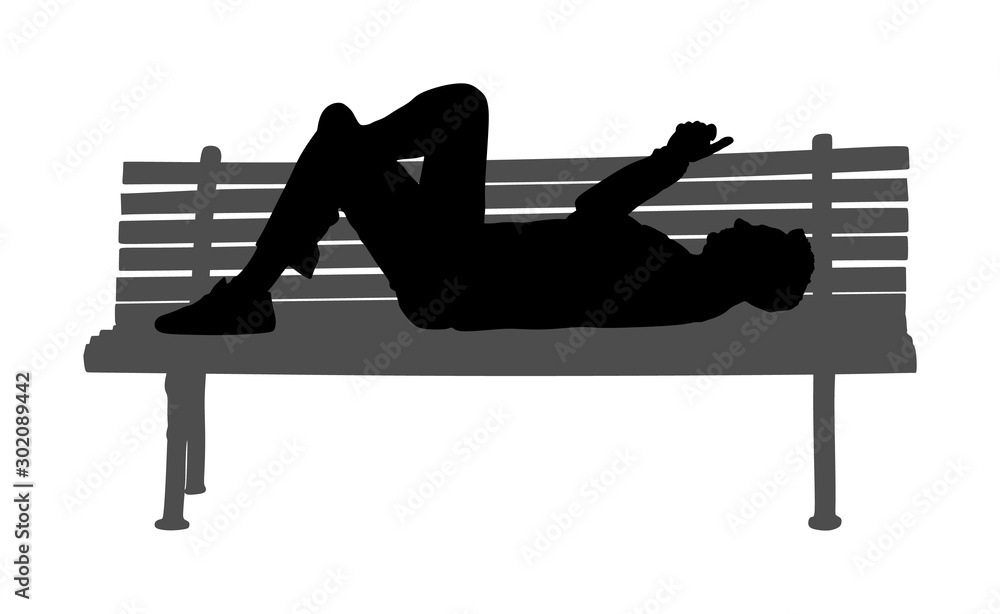Relaxed lazy man lying down on bench in park with mobile phone vector