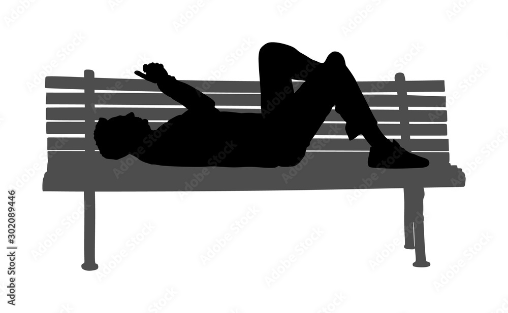 Vecteur Stock Relaxed lazy man lying down on bench in park with mobile