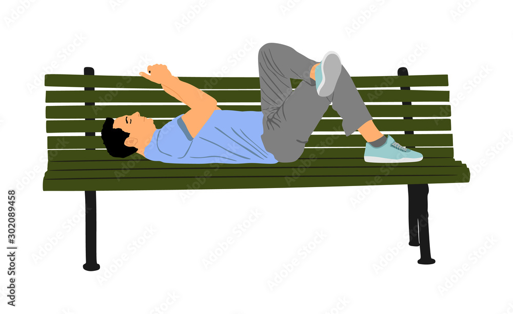 Relaxed man lying down on bench in park mobile phone vector isolated. boy