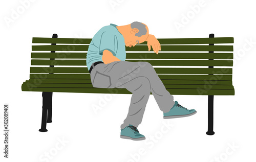 Lonely old man sitting and sleeping on bench in  park vector. Worried senior person. Desperate retiree looking down. Daydreaming,no hope. Pensioner thinking about life. Senility alzheimers trouble.