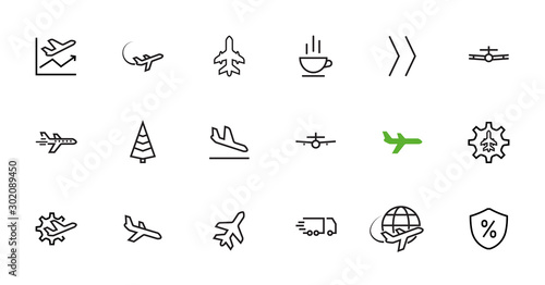 Set of flat vector line icons. It contains symbols for airplanes, globes, flights, transportation and more. on a white background Editable stroke. 48x48 pixels.