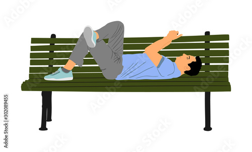 Relaxed lazy man laying down on bench in park with mobile phone vector isolated. Tired boy on pause after job. Outdoor enjoy in rest. Urban lazy boy ordering fast food by smart phone application. 