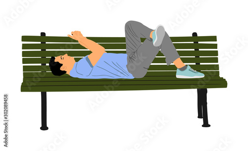 Relaxed lazy man lying down on bench in park with mobile phone vector isolated. Tired boy on pause after job. Outdoor enjoy in rest. Urban lazy boy ordering fast food by smart phone application. 