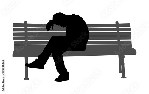 Lonely old tired man sitting and sleeping on bench in park vector silhouette. Worried senior person. Desperate retiree. Daydreaming,no hope. Pensioner thinking about life. Senility alzheimers trouble.