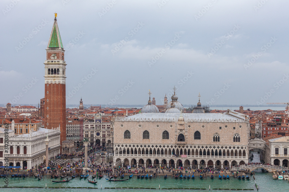 Beautiful aerial view of San Marco square in a rainy day, Venice, Venice, Italy