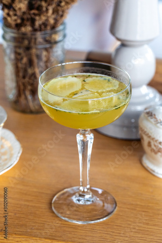 fresh alcohol cocktail at a restaurant interior 