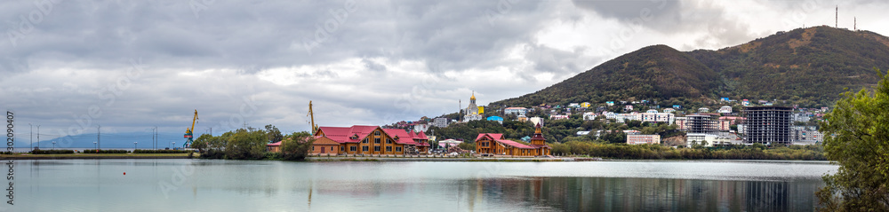 The Ozero Kultuchnoye lake with the Maritime Cathedral in the background in Petropavlovk - Kamchatka, Russia.