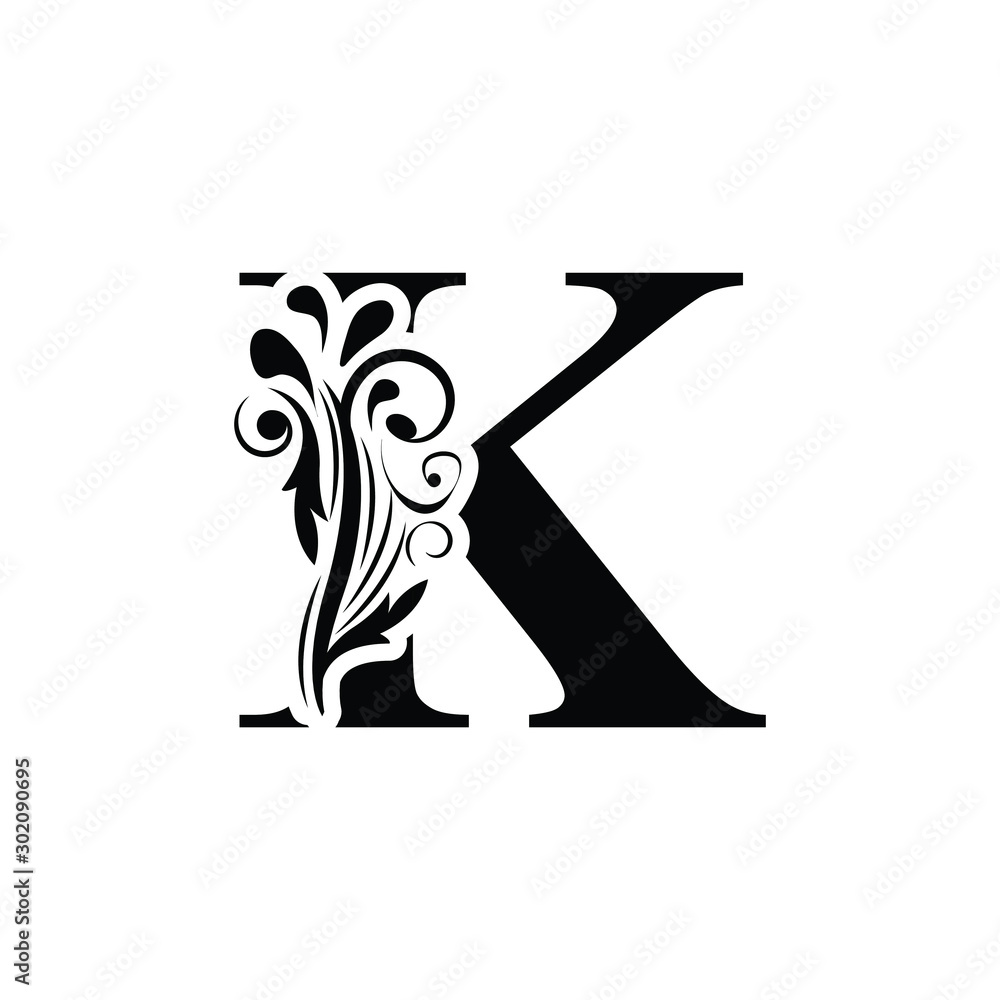 letter K. Black flower alphabet. Beautiful capital letters with ...