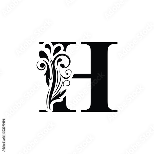 letter H. Black flower alphabet. Beautiful capital letters with shadow