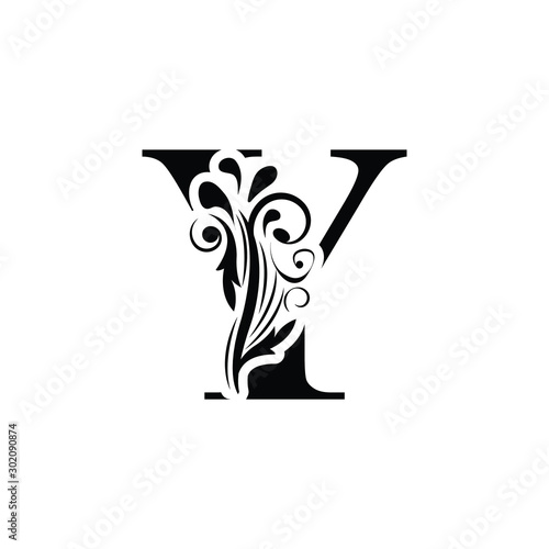 Fototapeta Naklejka Na Ścianę i Meble -  letter Y. Black flower alphabet.  Beautiful capital letters with shadow
