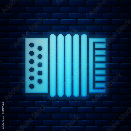 Glowing neon Musical instrument accordion icon isolated on brick wall background. Classical bayan, harmonic. Vector Illustration