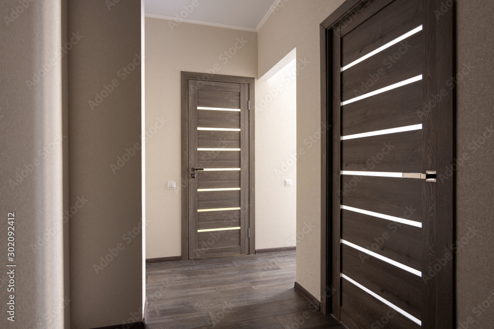 Corridor in a small apartment, closed doors - obrazy, fototapety, plakaty 