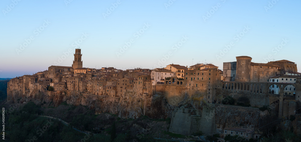 Pitigliano Italy, view of the city at sunrise