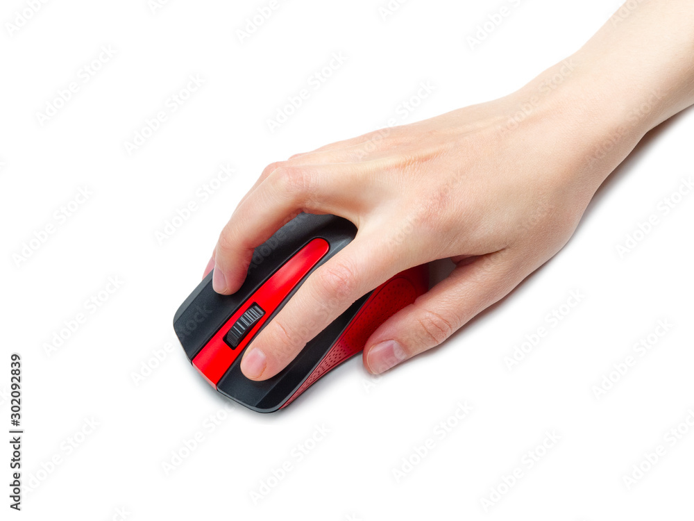 computer mouse wireless USB in hand worker girl isolated on white background, black and red, plastic, gaming