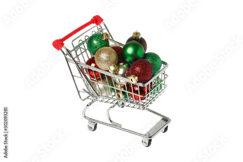 Shopping cart filled with Christmas baubles
