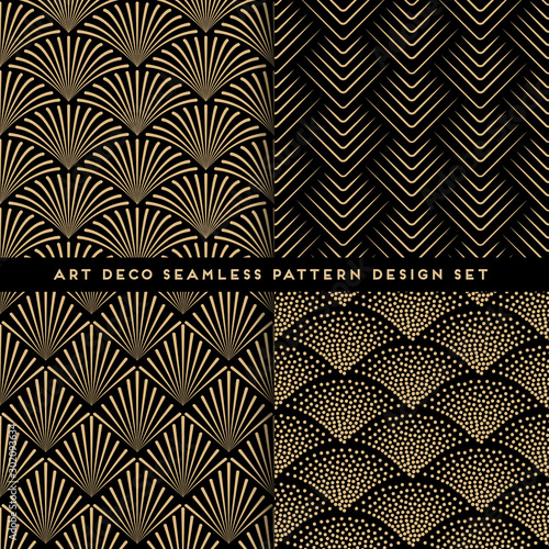 Art deco style seamless pattern design set - golden line repeat patterns on black background