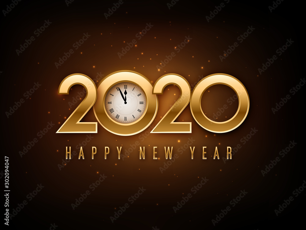 Happy New Year 2020 - New Year Shining background with gold clock integrated is typography Happy New Year 2020 - New Year Shining background with gold clock integrated is typography