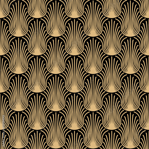 Art deco seamless pattern design - gold abstract shapes on black background