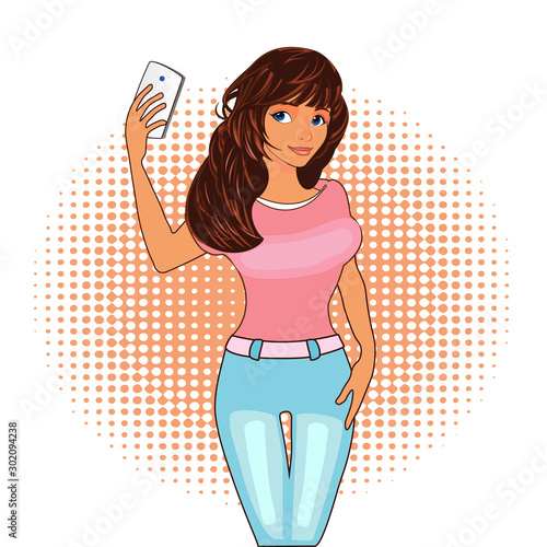 Beautiful Girls are taking selfies on smartphones. photos in social networks media. Pop Art Vector Illustration.The image is separate from the background