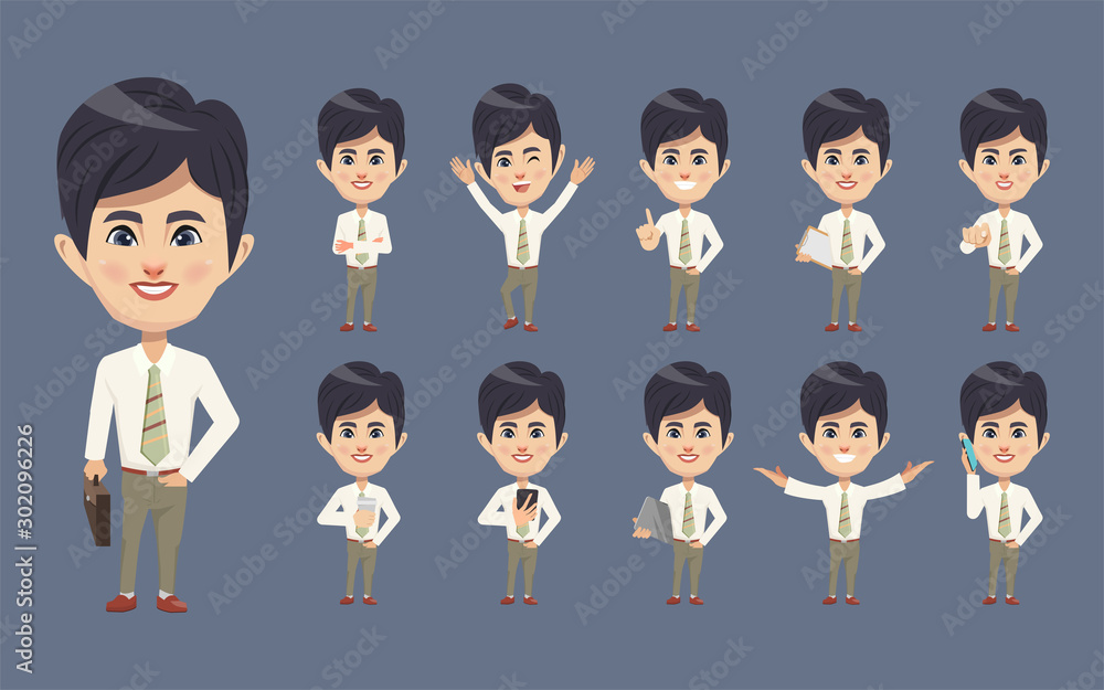 Set of businessman creation character pose with occupation job in uniform suit. Chibi cartoon business people style. Set of businessman creation character pose with occupation job in uniform suit. Chibi cartoon business people style.