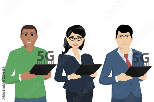 people isolated on a white background holding a tablet with 5G.