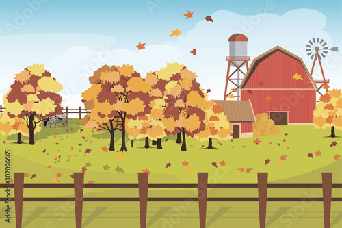 autumn red farm on a fenced plot. Vector illustration