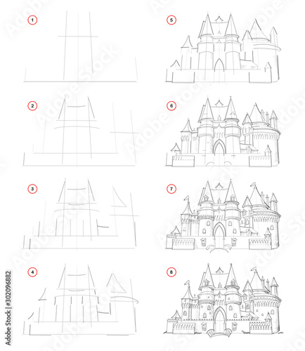 How to draw from nature step by step sketch of medieval French castle. Creation pencil drawing. Educational page for artists. School textbook for developing artistic skills. Hand-drawn vector image.
