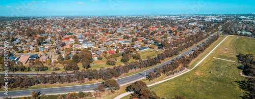Aerial panorama of Mulgrave suburb and Wellington road on bright sunny day in Melbourne, Australia