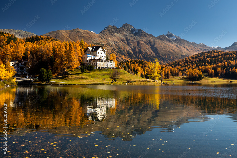 Herbst am Silser See mit seinen farbigen Lärchen im Engadin in der Schweiz Herbst am Silser See mit seinen farbigen Lärchen im Engadin in der Schweiz