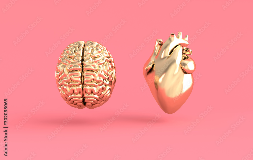 Fototapeta Serce i mózg renderowania 3d. Emocje i koncepcja konfliktu racjonalnego myślenia. Równowaga duszy i inteligencji
